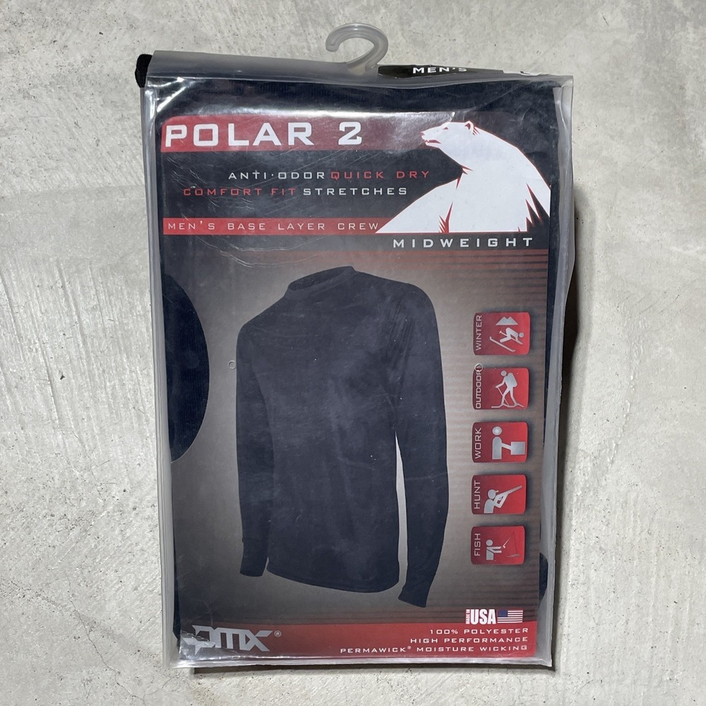 Polar 2 Mid weight Men's Base Layer Crew Shirt Black USA MADE Permawick PMX SZ L